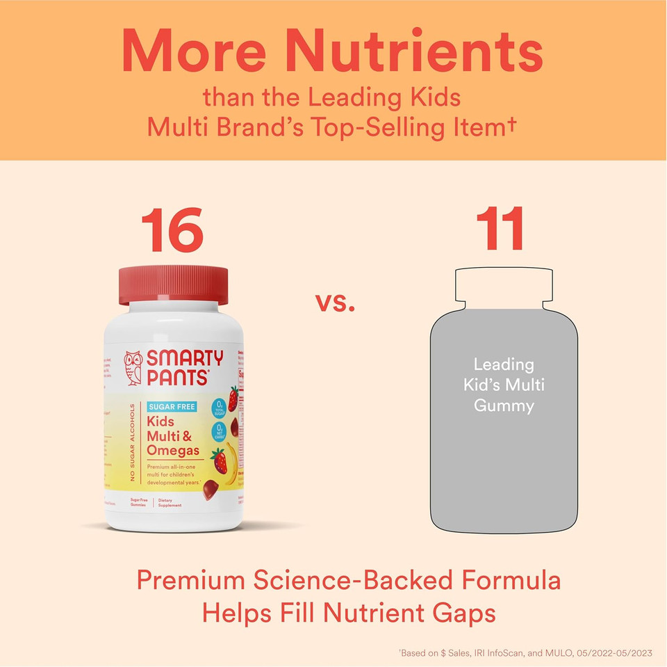 Smartypants Kids Multivitamin Gummies, Sugar Free: Omega 3 (Ala), Vitamin D3, C, Vitamin B12, B6, Vitamin A, K & Zinc For Immune Support, Erythritol Free, Strawberry Banana, 44 Count (22 Day Supply)