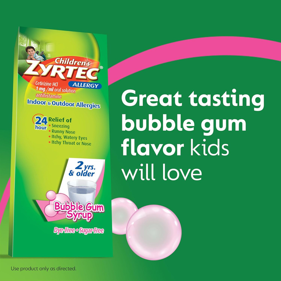 Zyrtec Children'S 24 Hour Allergy Relief Syrup, 5 Mg Cetirizine Hcl Antihistamine, Kids Allergy Medicine For Indoor & Outdoor Allergy Relief, Dye-Free & Sugar-Free, Bubble Gum, 4 Fl. Oz