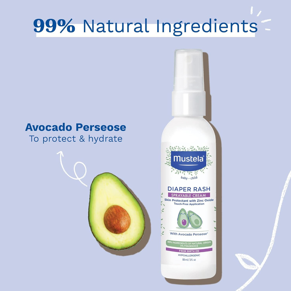 Mustela Baby Diaper Rash Cream Spray  Touch-Free Protectant With Zinc Oxide & Natural Avocado - Treats, Soothes And Prevents Diaper Rash- Fragrance-Free - 3 Fl. Oz