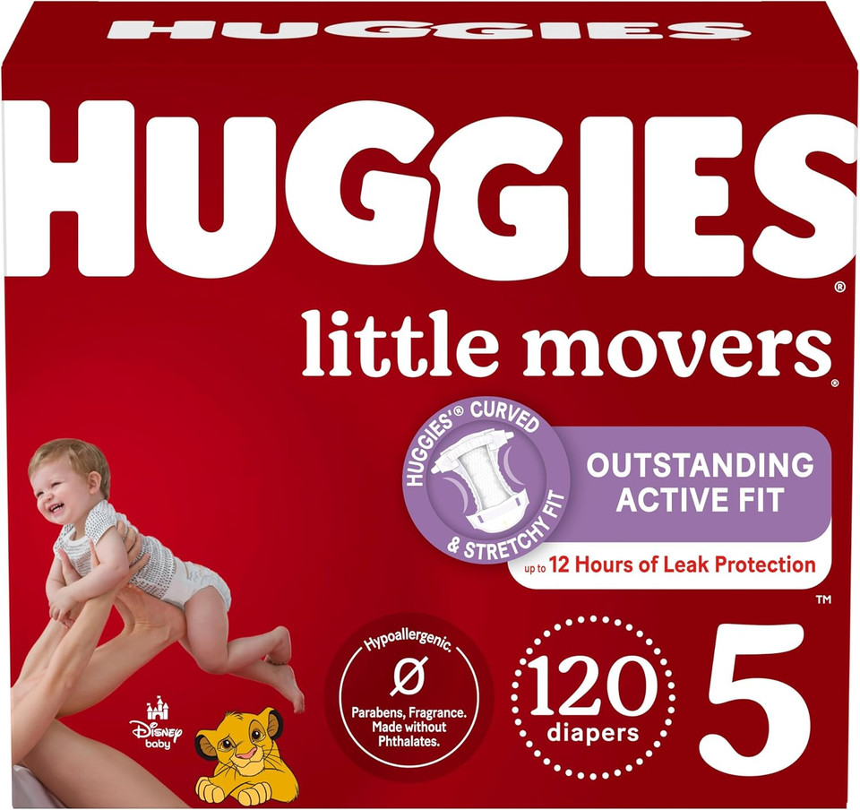 Huggies Size 5 Diapers, Little Movers Baby Diapers, Size 5 (27+ Lbs), 120 Count (2 Packs Of 60)