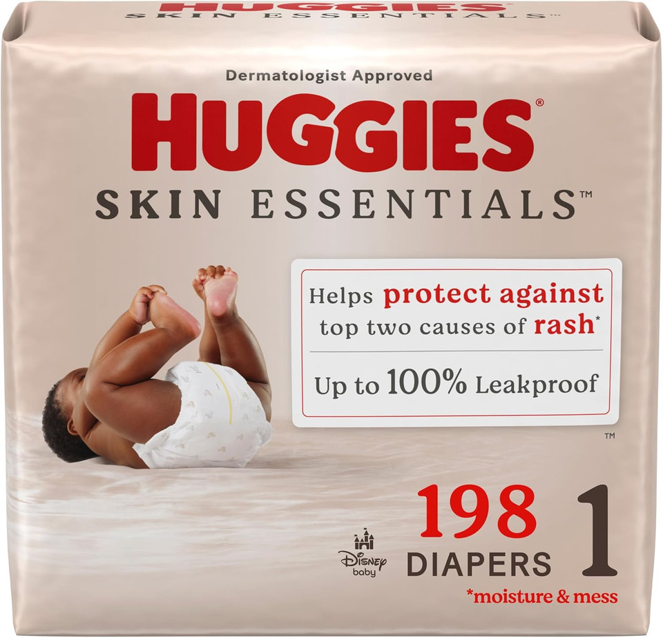 Huggies Size 1 Diapers, Skin Essentials Baby Diapers, Size 1 (8-14 Lbs), 198 Count (3 Packs Of 66)