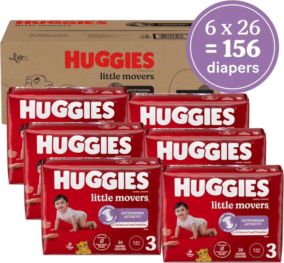 Huggies Size 3 Diapers, Little Movers Baby Diapers, Size 3 (16-28 Lbs), 156 Count (6 Packs Of 26)