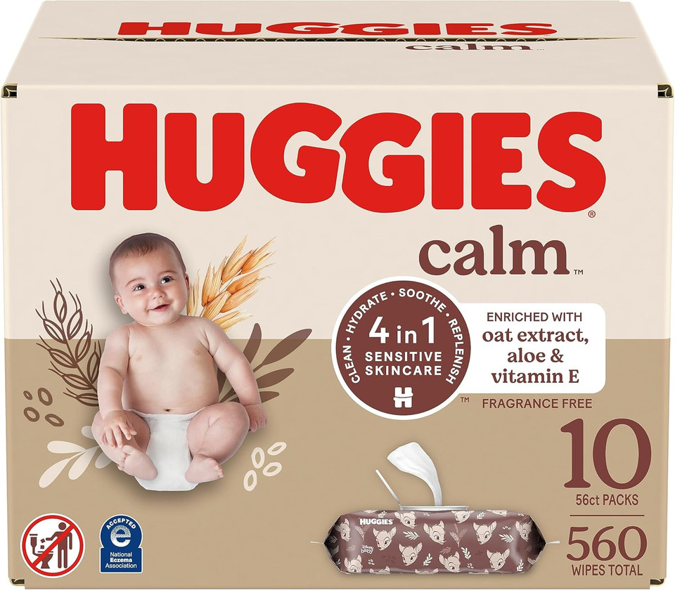 Huggies Calm Baby Wipes, Unscented, Hypoallergenic, 10 Push Button Packs (560 Wipes Total)