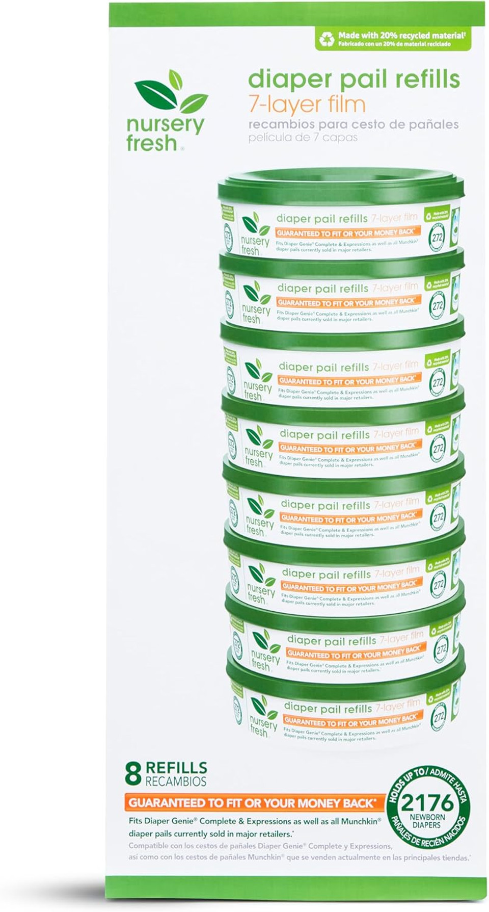 Nursery Freshã¢Â® Refill Rings For Diaper Genieã¢Â® And Munchkinã¢Â® Diaper Pails, Holds Up To 2,176 Newborn Diapers, 8 Pack