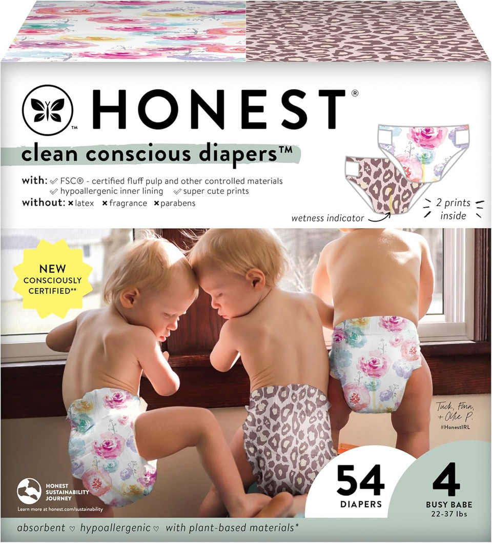 The Honest Company Clean Conscious Diapers | Plant-Based, Sustainable | Wild Thang + Rose Blossom | Club Box, Size 4 (22-37 Lbs), 54 Count The Honest Company Clean Conscious Diapers | Plant-Based, Sustainable | Wild Thang + Rose Blossom | Club Box, Size 4 (22-37 Lbs), 54 Count