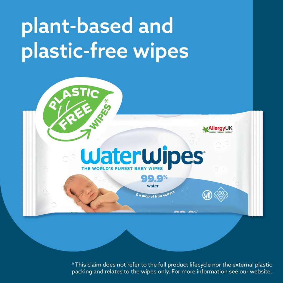 Waterwipes Plastic-Free Original Baby Wipes, 99.9% Water Based Wipes, Unscented & Hypoallergenic For Sensitive Skin, 300 Count (5 Packs)