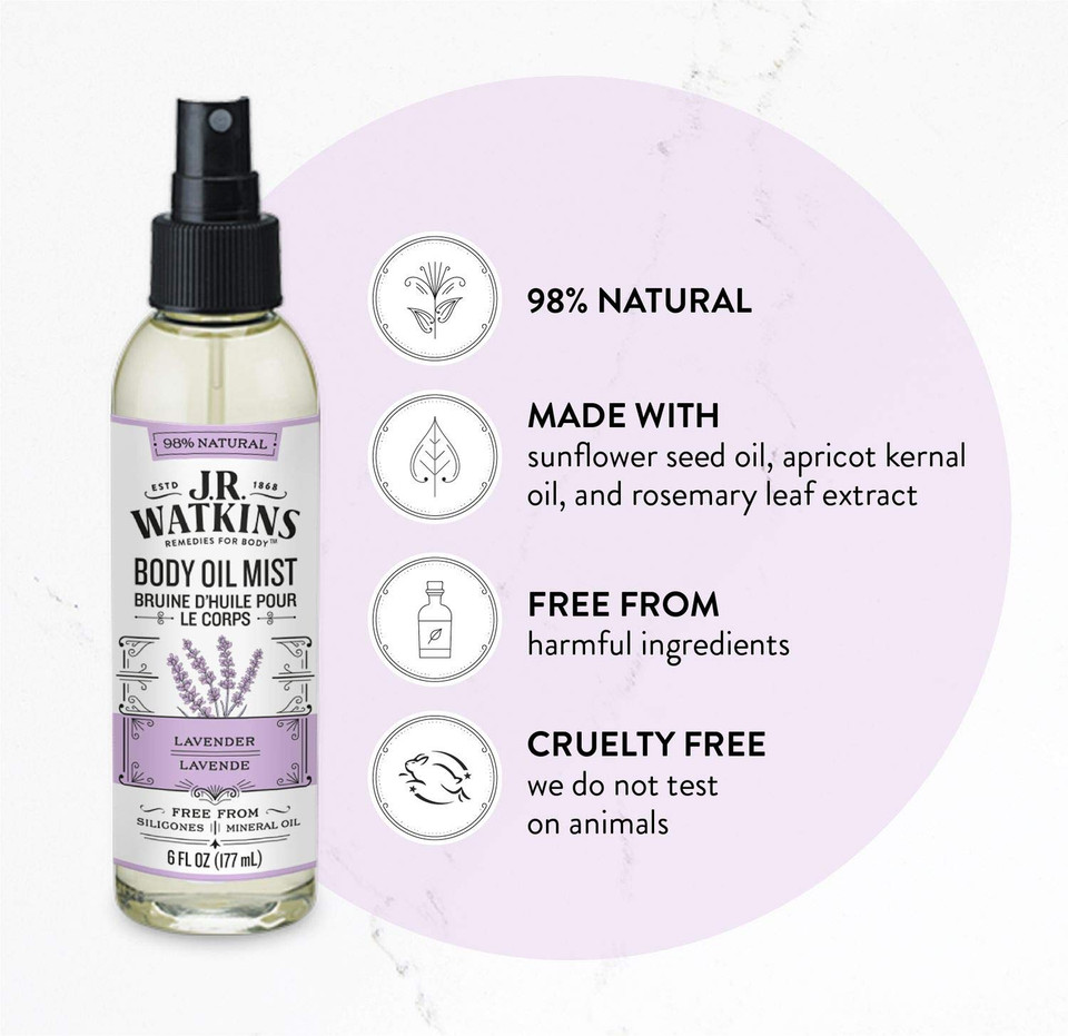 J.R. Watkins Natural Hydrating Body Oil Mist, Moisturizing Body Oil Spray For Glowing Skin, Usa Made And Cruelty-Free, Lavender, 6 Fl Oz, Single