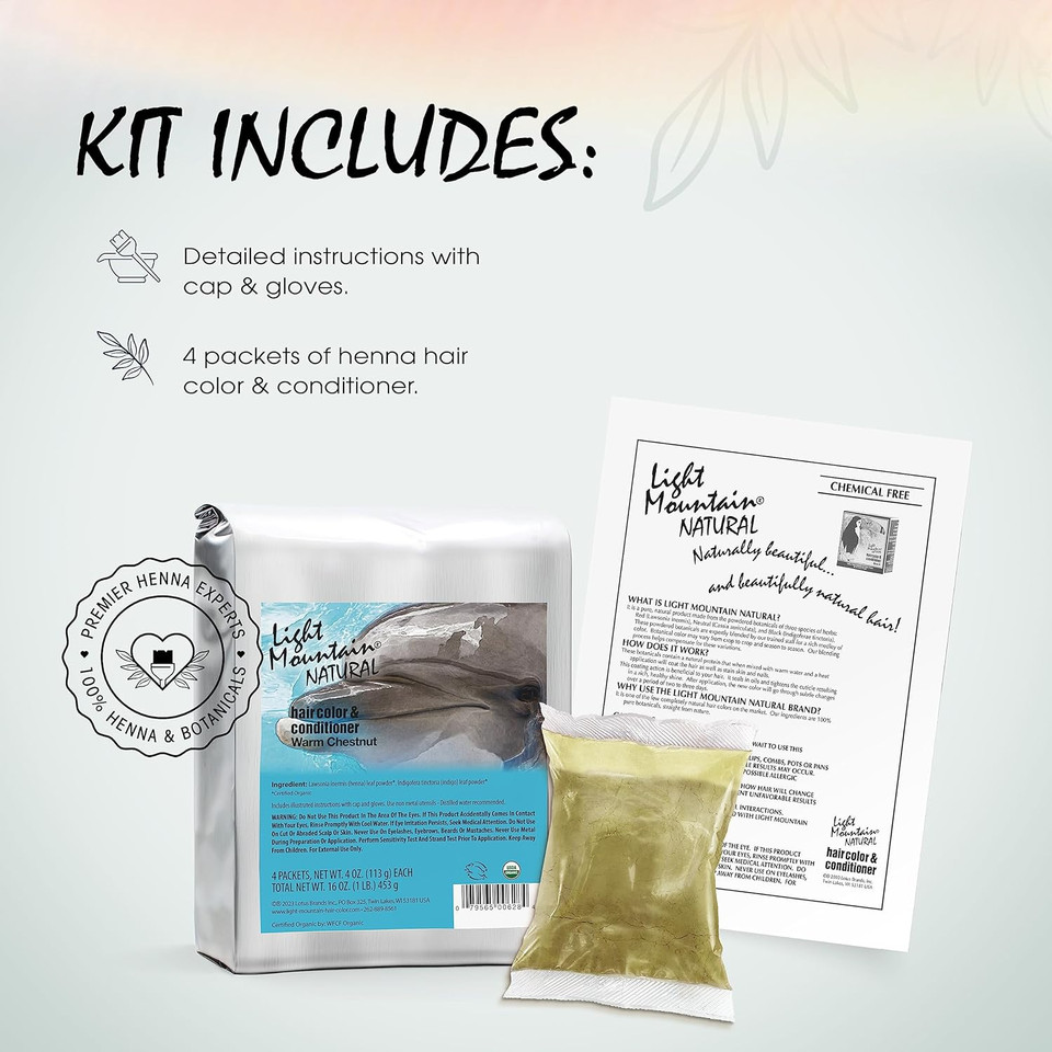 Light Mountain Henna Hair Color & Conditioner - Warm Chestnut Hair Dye For Men/Women, Organic Henna Leaf Powder And Botanicals, Chemical-Free, Semi-Permanent Hair Color, 16 Oz