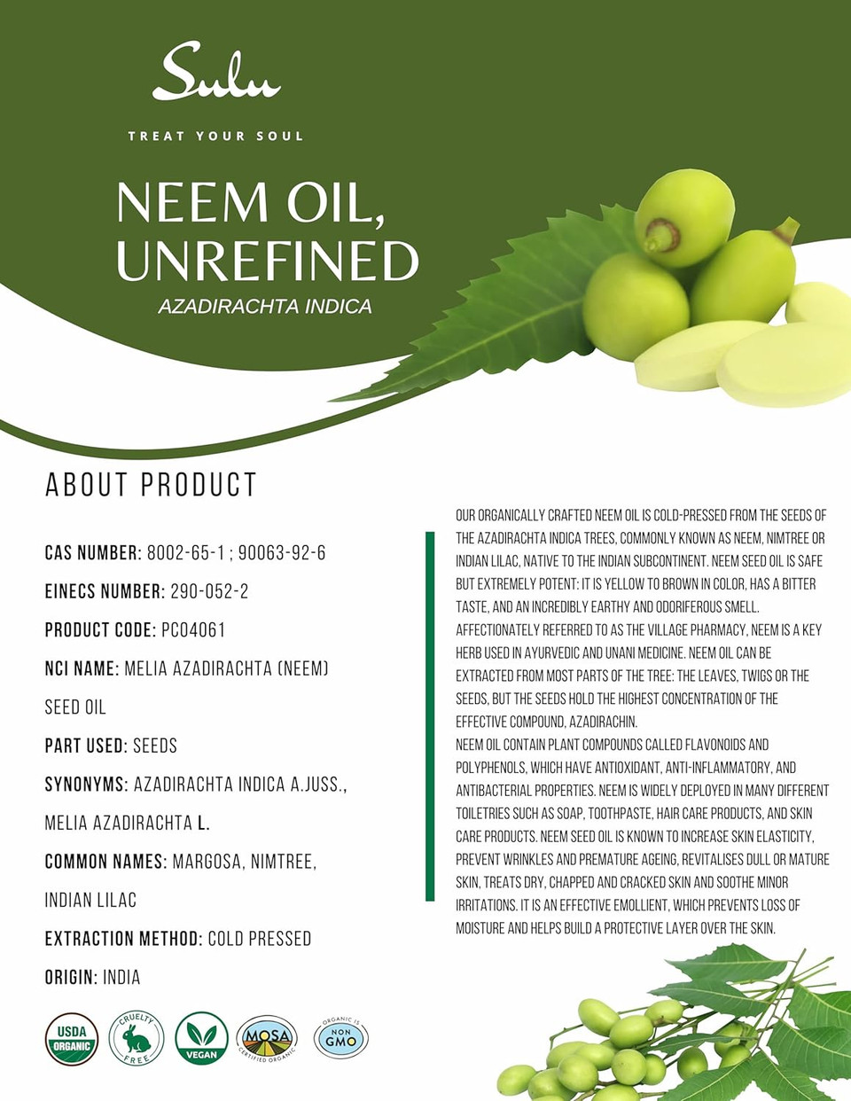 Sulu Organics 100% Pure Organic Unrefined Virgin Cold Pressed Neem Oil 8 Fl.Oz