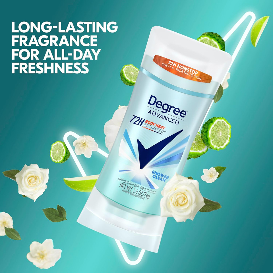 Degree Advanced Protection Antiperspirant Deodorant Shower Clean For 72-Hour Sweat & Odor Control For Women, With Body Heat Activated Technology, 2.6 Oz