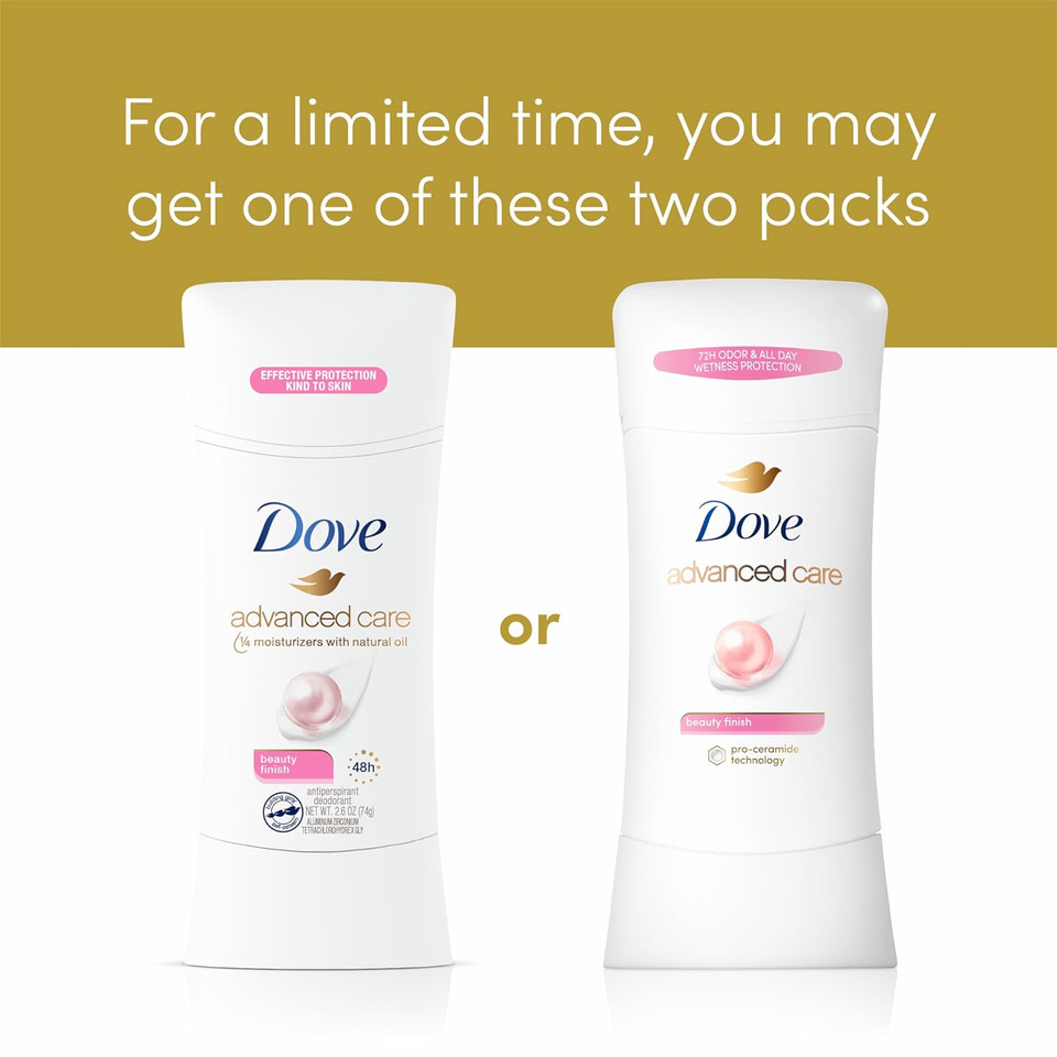 Dove Advanced Care Antiperspirant Deodorant Stick Beauty Finish 4 Count For Helping Your Skin Barrier Repair After Shaving 2.6 Oz