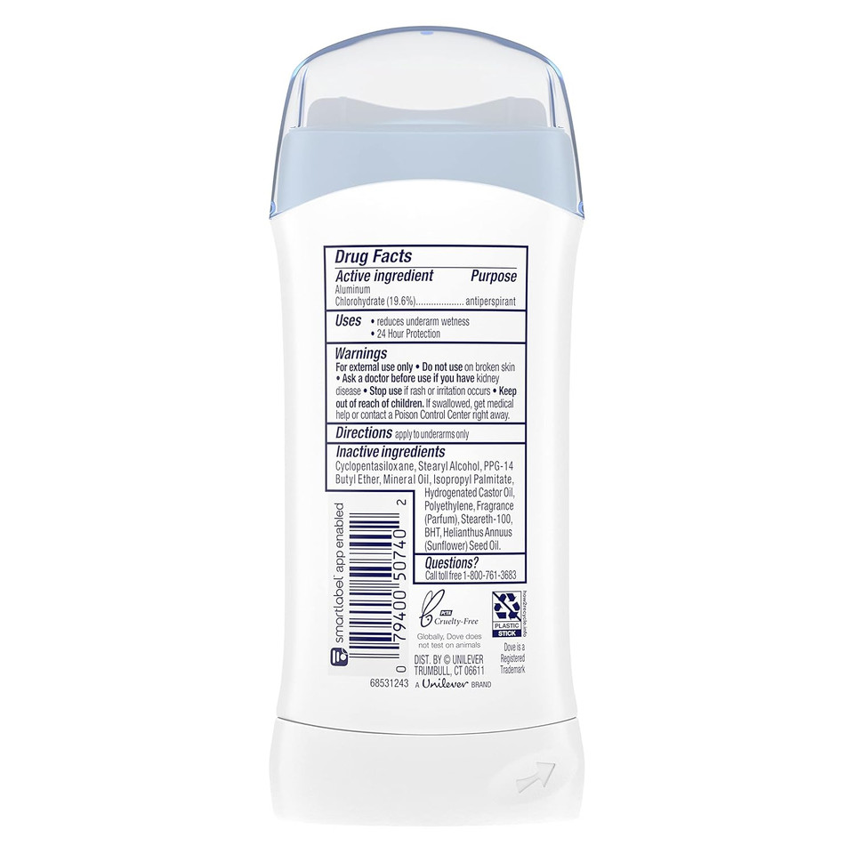 Dove Invisible Solid Antiperspirant Deodorant Stick For Women, 6 Count, Sensitive, For All Day Underarm Sweat & Odor Protection 2.6 Oz