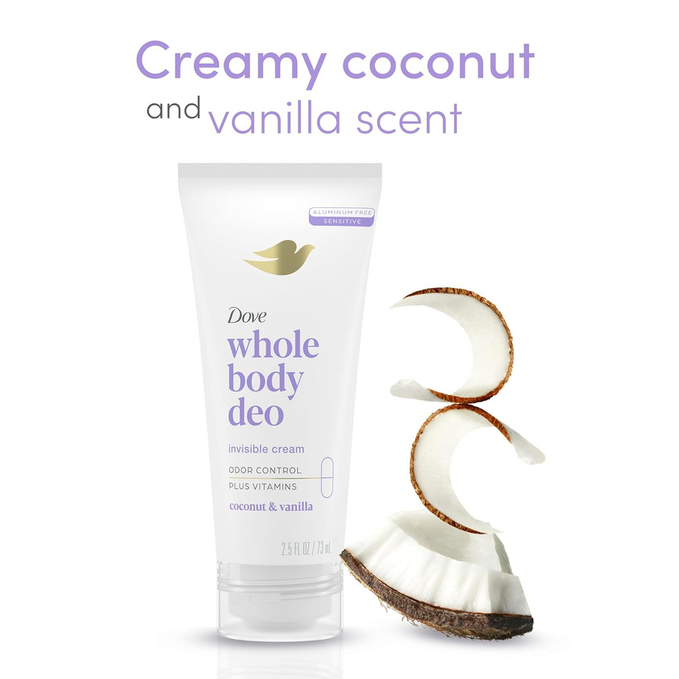 Dove Whole Body Deo Aluminum Free Invisible Cream Deodorant Coconut & Vanilla For 72H Odor Control, 2.5 Oz