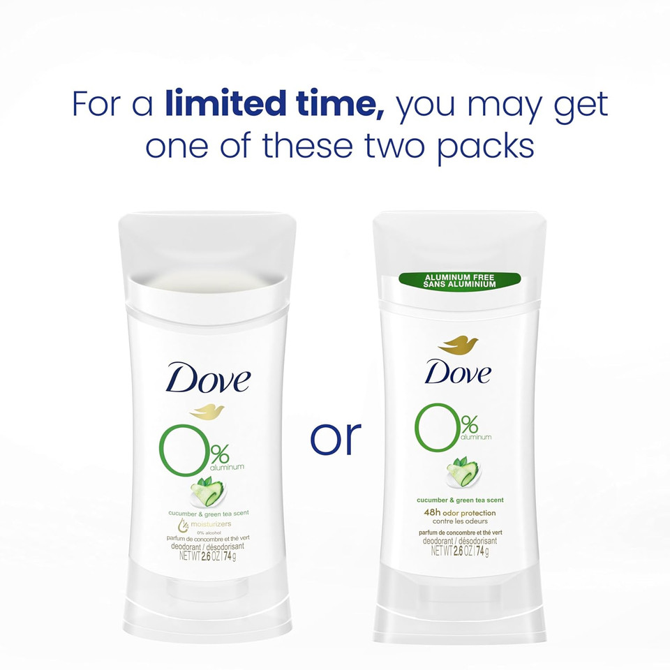 Dove 0% Aluminum Deodorant Stick Cucumber And Green Tea 4 Count Non-Irritating Deodorant For Underarm Care Kindest Aluminum Free Deodorant 2.6 Oz