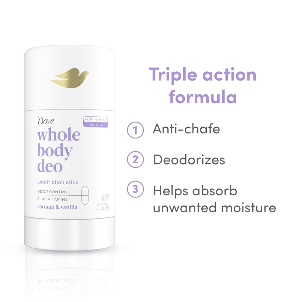 Dove Whole Body Deo Aluminum Free Anti-Friction Deodorant Stick Coconut + Vanilla For All Day Odor Control 2.6 Oz