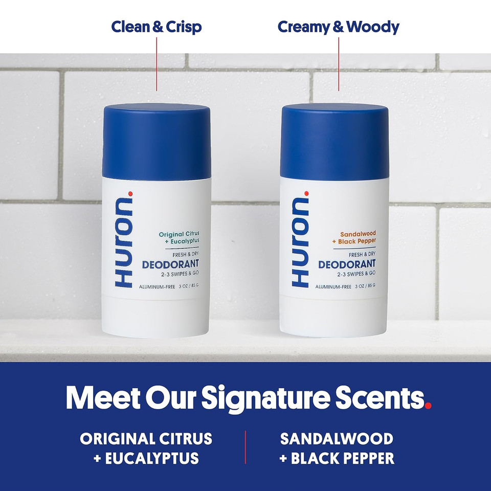 Huron Aluminum-Free Deodorant For Men - Clean & Woody Scent Of Sandalwood, Black Pepper, Cedarwood, & Amber - Neutralizes Odor For All-Day Protection - Non-Irritating - 3 Oz
