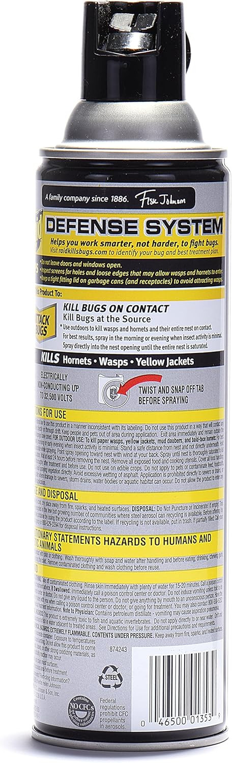 Raid Wasp And Hornet Killer Spray, Kills The Entire Nest, Kills Paper Wasps, Yellow Jackets, Mud Daubers And More, 14 Oz