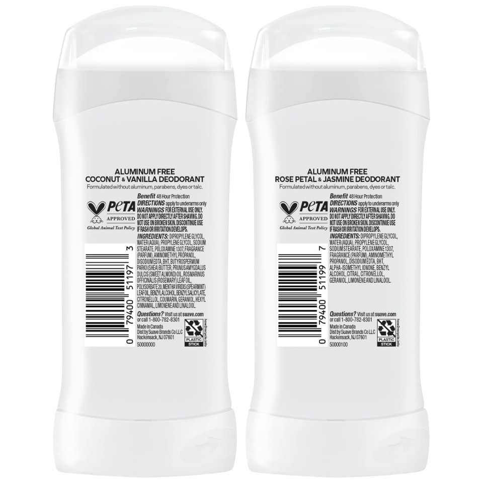 Suave Aluminum-Free Deodorant Variety 2-Pack  Coconut & Vanilla + Rose Petal & Jasmine, 48H Odor Protection, Free Of Parabens, Dyes & Talc, 2.7 Oz Ea