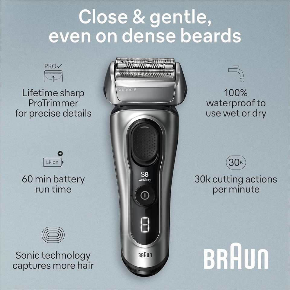 Braun Series 8 Electric Razor For Men, With 4+1 Shaving Elements & Precision Long Hair Trimmer, Close & Gentle Even On Dense Beards, Wet & Dry Electric Razor With 60Min Runtime, 8517S Galvano Silver