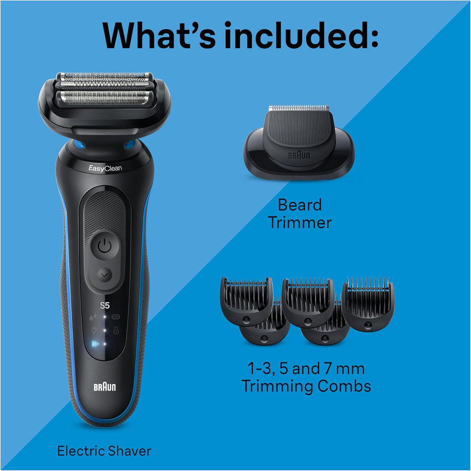 Braun Electric Shaver For Men, Series 5 5120S, Wet & Dry Shave, Turbo Shaving Mode, Foil Shaver, Engineered In Germany, With Beard Trimmer & Attachments, Blue