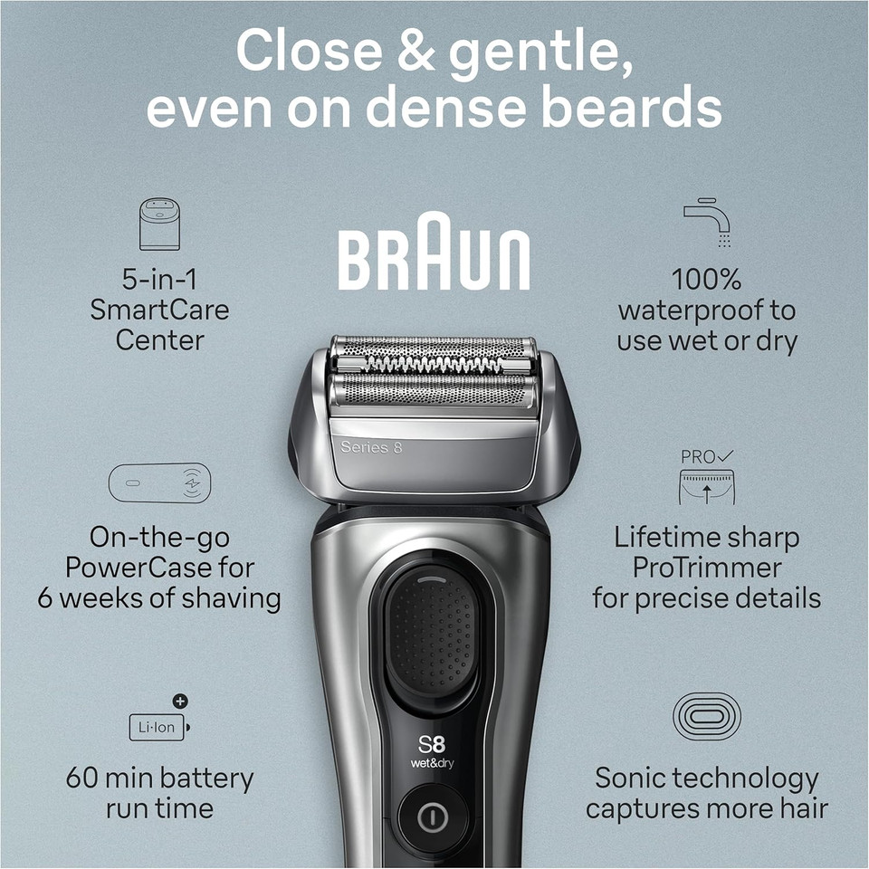 Braun Series 8 8577Cc Electric Razor For Men, 4+1 Shaving Elements & Precision Long Hair Trimmer, 5In1 Smartcare Center, Close & Gentle Even On Dense Beards, Powercase For Mobile Charging, Wet & Dry Braun Series 8 8577Cc Electric Razor For Men, 4+1 Shaving Elements & Precision Long Hair Trimmer, 5In1 Smartcare Center, Close & Gentle Even On Dense Beards, Powercase For Mobile Charging, Wet & Dry