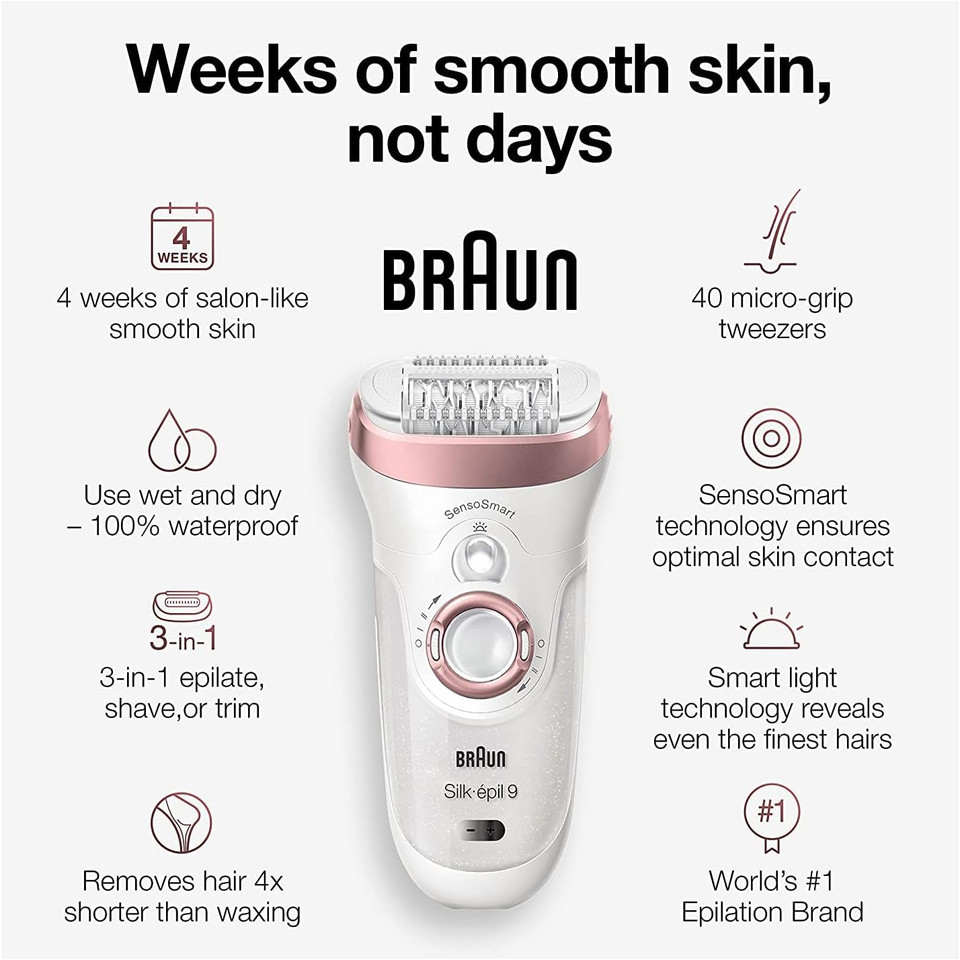 Braun Silk-ÉPil 9 9-890, Facial Hair Removal For Women, Hair Removal Device, Bikini Trimmer, Womens Shaver Wet & Dry, Cordless And 7 Extras