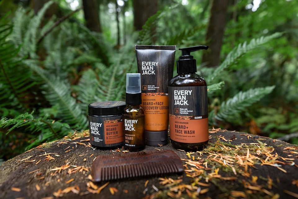 Every Man Jack Mens Aged Bourbon Beard Set - Five Full-Sized Grooming Essentials For A Complete Routine - Beard + Face Wash, Beard + Face Lotion, Hydrating Beard Oil, Beard Butter, And Beard Comb