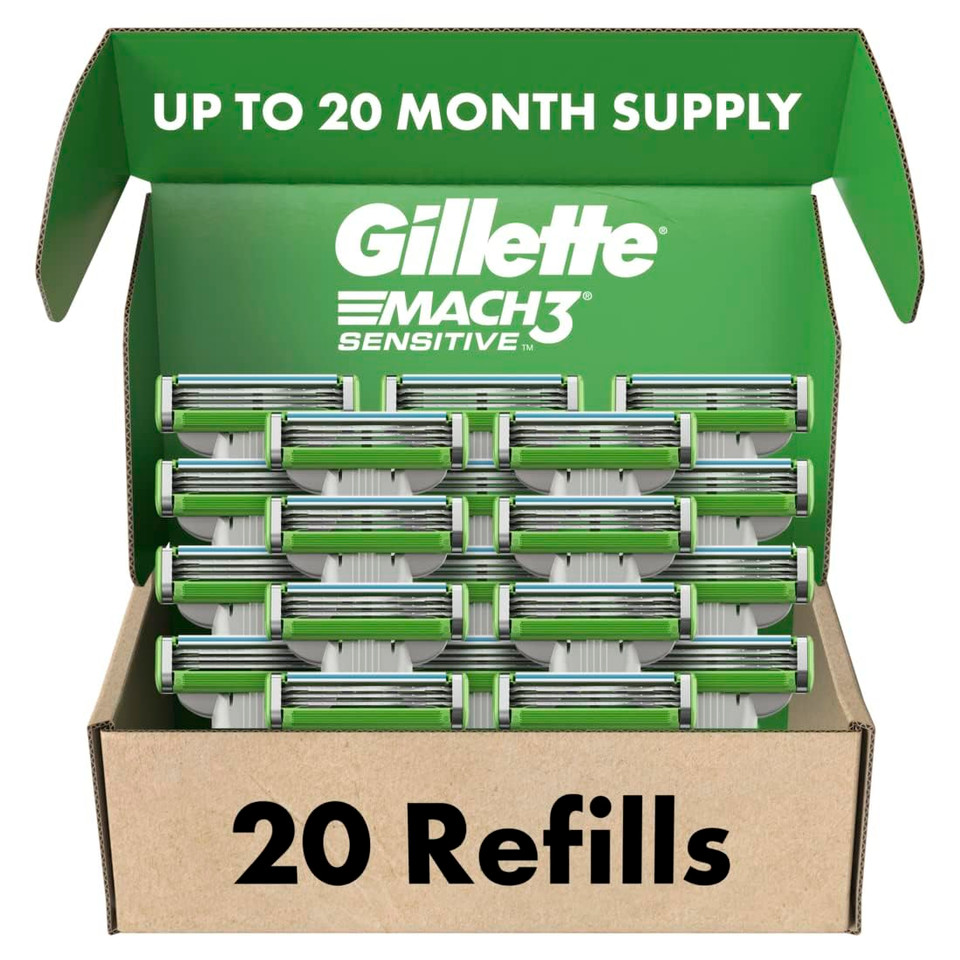 Gillette Mach3 Sensitive Mens Razor Blade Refills, 20 Count, Designed For Sensitive Skin