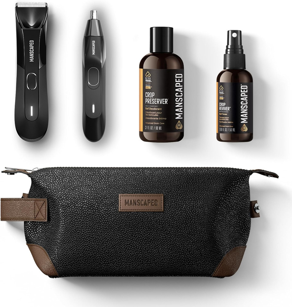 Manscapedã¢Â® Grooming Essentials 4.0 Includes The Lawn Mowerã¢Â® 4.0 Groin Hair Trimmer, Weed Whackerã¢Â® 2.0 Nose Hair Trimmer, Crop Preserverã¢Â® Ball Deodorant, Crop Reviverã¢Â® Spray Toner, Shed Toiletry Bag