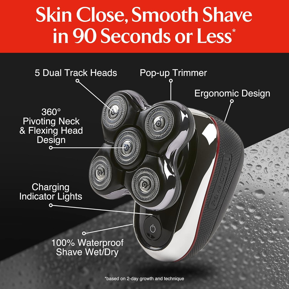 Remington Balder Boss Cordless Head Shaver Xr7120 - Waterproof Electric Razor For Bald Men With 5 Dual Track Heads, 360 Flexing Head & Pop-Up Trimmer, Wet/Dry Shaving, 60 Mins Run Time