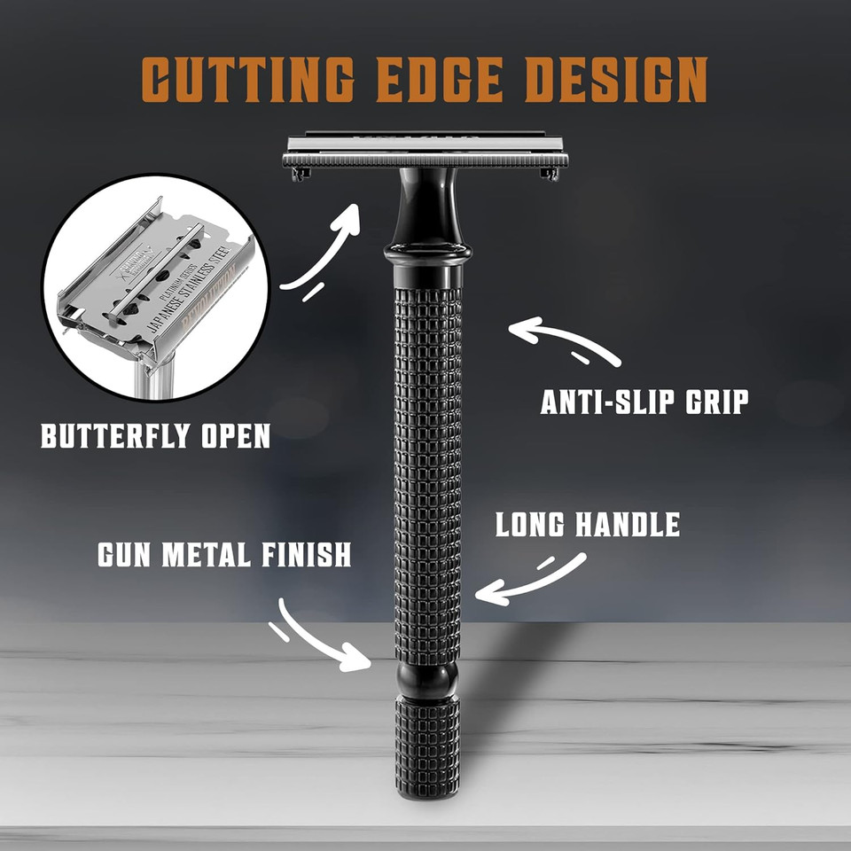 Shaving Revolution Long Handle Double Edge Safety Razor - Butterfly Open Razor 10 Japanese Stainless Steel Double Edge Blades - Close, Clean Shaving Razor Men., Black Long Handle, 12 Piece Set