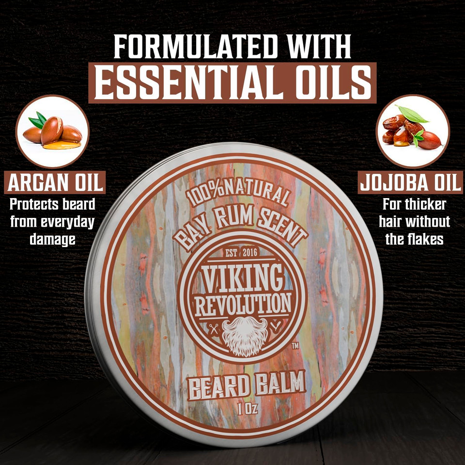 Viking Revolution 4 Beard Balm Variety Pack (1Oz Each)- Sandalwood, Pine & Cedar, Bay Rum, Clary Sage- Styles, Strengthens & Softens Beards & Mustaches - Leave In Conditioner Wax For Men