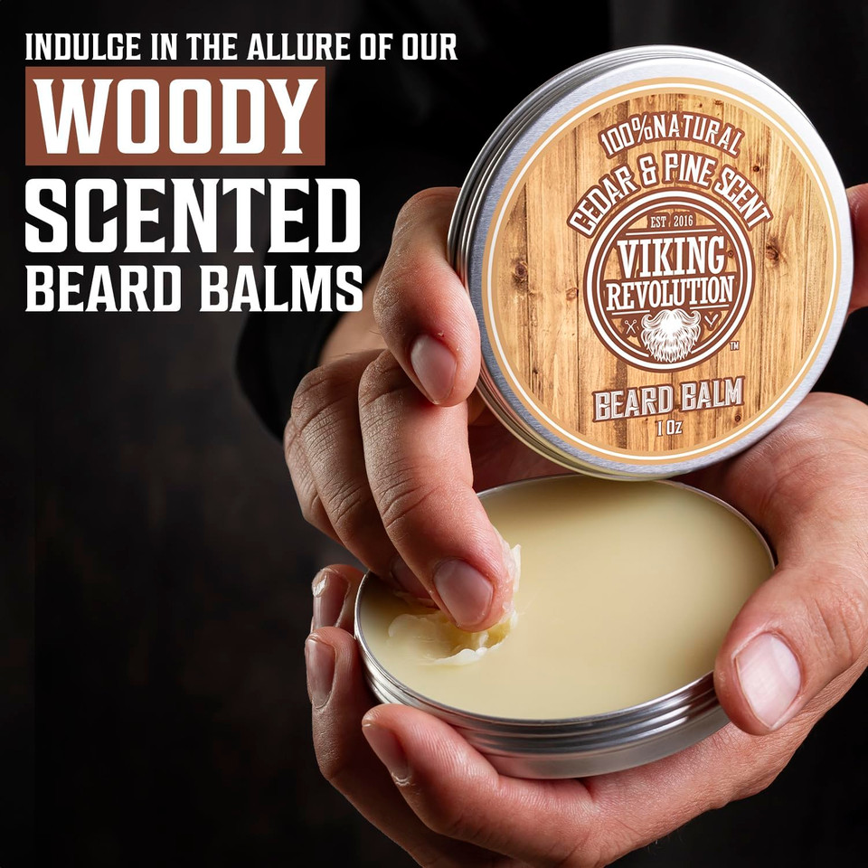 Viking Revolution 4 Beard Balm Variety Pack (1Oz Each)- Sandalwood, Pine & Cedar, Bay Rum, Clary Sage- Styles, Strengthens & Softens Beards & Mustaches - Leave In Conditioner Wax For Men