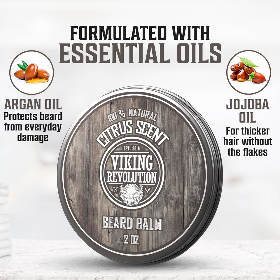 Viking Revolution Beard Balm - All Natural Grooming Treatment With Argan Oil & Mango Butter - Strengthens & Softens Beards & Mustaches - Citrus Scent Leave In Conditioner Wax For Men - 1 Pack