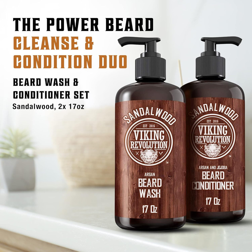 Viking Revolution Beard Wash & Beard Conditioner Set With Argan & Jojoba Oils - Softens And Strengthens - Natural Sandalwood Scent - Beard Shampoo With Beard Oil (17 Oz) Viking Revolution Beard Wash & Beard Conditioner Set With Argan & Jojoba Oils - Softens And Strengthens - Natural Sandalwood Scent - Beard Shampoo With Beard Oil (17 Oz)