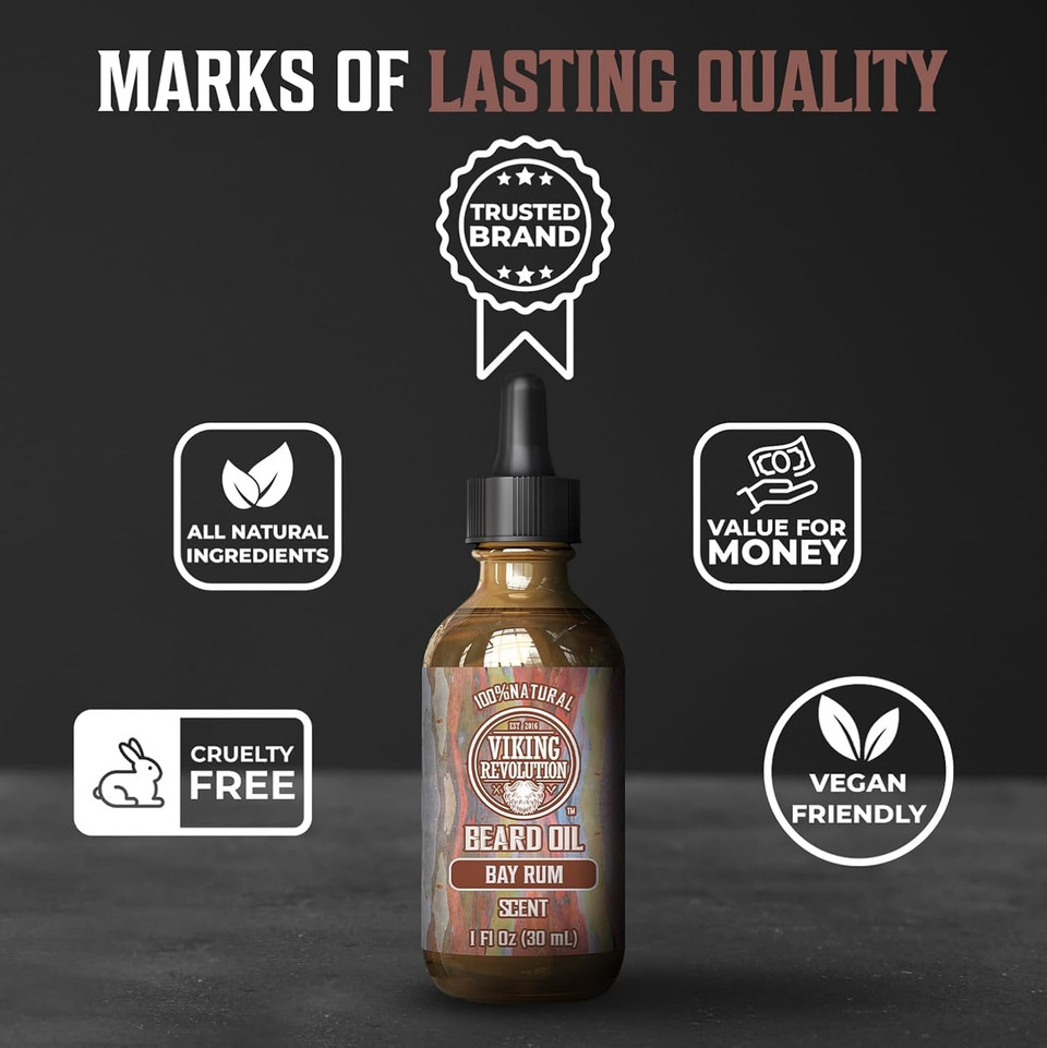 Viking Revolution Bay Rum Beard Oil For Men - Natural Softener And Conditioner With Argan & Jojoba Oils For Strengthening And Moisturizing