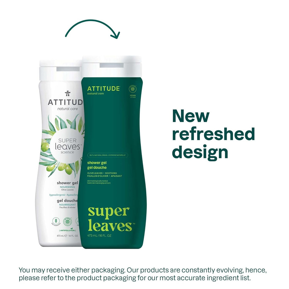 Attitude Body Wash, Ewg Verified Shower Gel, Dermatologically Tested, Plant And Mineral-Based, Vegan Personal Care Products, Olive Leaves, 16 Fl Oz (Pack Of 6)