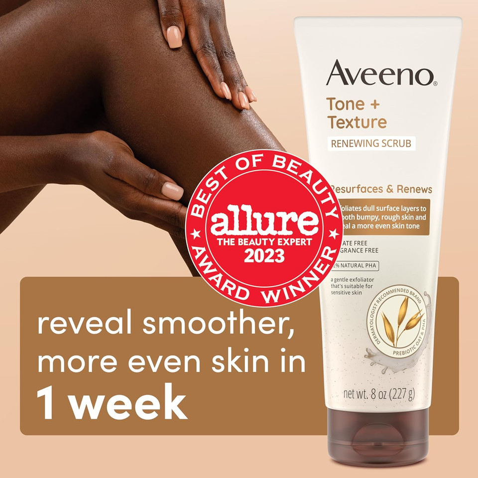 Aveeno Fragrance-Free Body Scrub For Smoother, More Even Skin Tone - Prebiotic Oat Formula For Sensitive Skin, Exfoliating And Renewing, 8 Oz