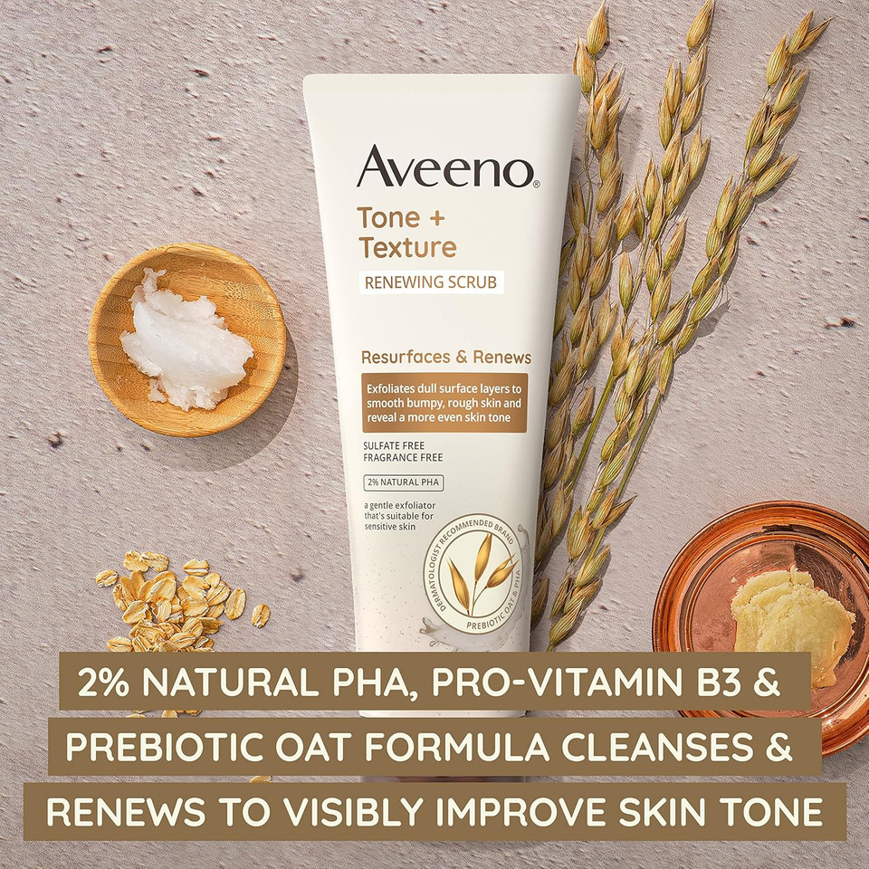 Aveeno Fragrance-Free Body Scrub For Smoother, More Even Skin Tone - Prebiotic Oat Formula For Sensitive Skin, Exfoliating And Renewing, 8 Oz