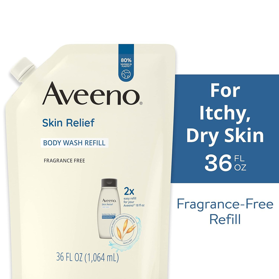 Aveeno Skin Relief Fragrance-Free Body Wash With Triple Oat Formula, Gentle Daily Cleanser For Sensitive Skin Leaves Itchy, Dry Skin Soothed & Feeling Moisturized, Sulfate-Free, 36 Fl. Oz