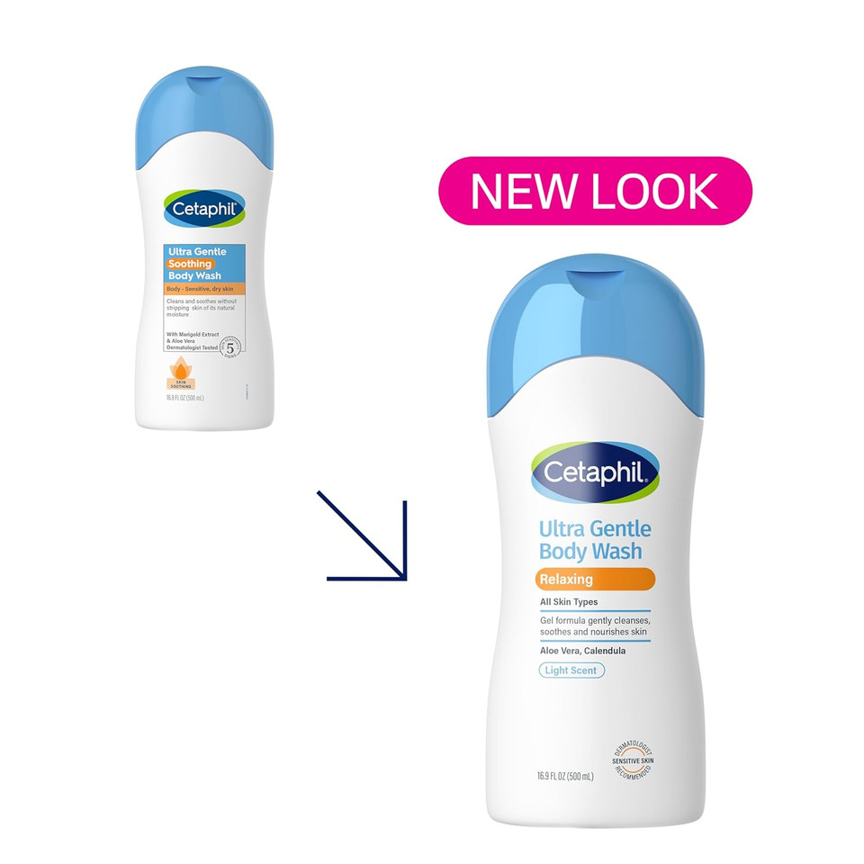 Cetaphil Ultra Gentle Refreshing Body Wash, For Dry To Normal, Sensitive Skin, 16.9Oz, With Aloe Vera, Calendula, Vitamin B5, Hypoallergenic, Fragrance Free, Dermatologist Tested