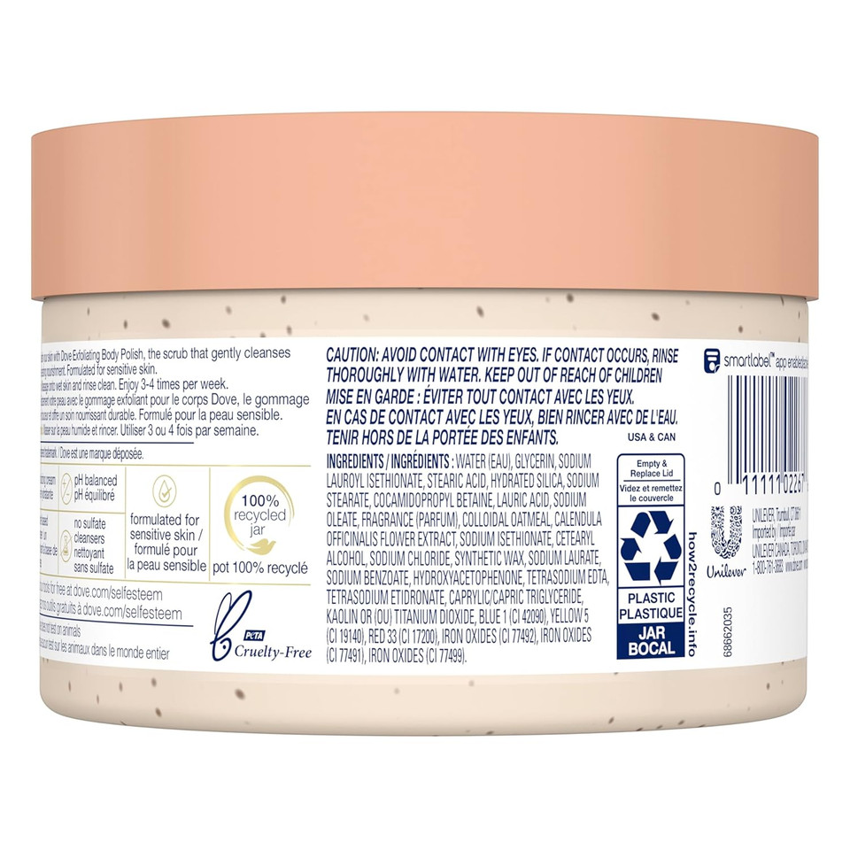 Dove Exfoliating Body Polish Scrub For Silky Skin Oatmeal & Calendula Oil Body Scrub Exfoliates & Gives Lasting Nourishment 10.5 Oz