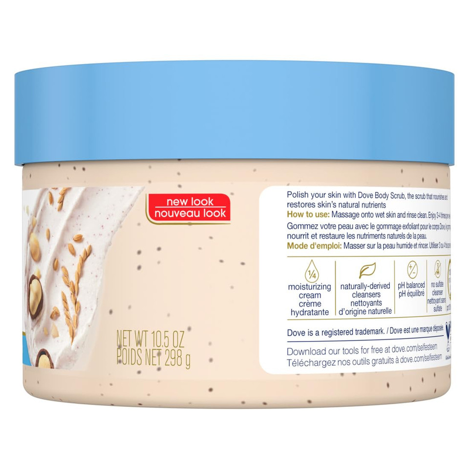 Dove Exfoliating Body Polish Scrub Reveals Visibly Smoother Skin Macadamia & Rice Milk Body Scrub That Nourishes Skin, 10.5 Oz, 4 Count Dove Exfoliating Body Polish Scrub Reveals Visibly Smoother Skin Macadamia & Rice Milk Body Scrub That Nourishes Skin, 10.5 Oz, 4 Count
