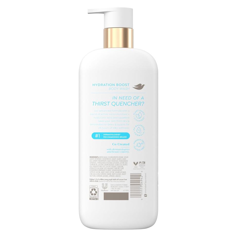 Dove Body Wash Hydration Boost Actively Drenches Dry Skin 6% Hydration Serum With Hyaluronic 18.5 Oz