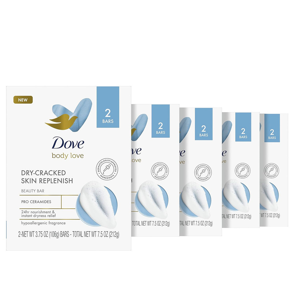 Dove Body Love Beauty Bar Soap Dry-Cracked Skin Replenish 10 Count Hypoallergenic Beauty Bar 24 Hour Nourishment & Instant Dryness Relief Pro Ceramides 7.5 Oz