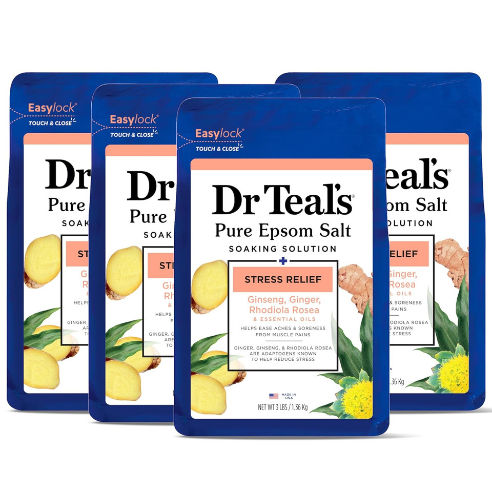 Dr Teal'S Pure Epsom Salt Stress Relief With Ginseng & Ginger Essential Oils, 3 Lbs (Pack Of 4)