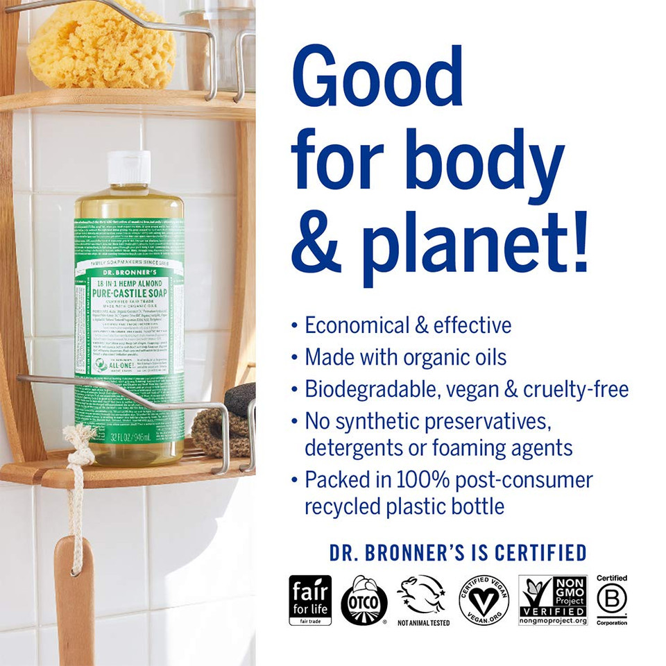 Dr. Bronner'S - Pure-Castile Liquid Soap (Almond, 16 Ounce, 2-Pack) - Made With Organic Oils, 18-In-1 Uses: Face, Body, Hair, Laundry, Pets And Dishes, Concentrated, Vegan, Non-Gmo