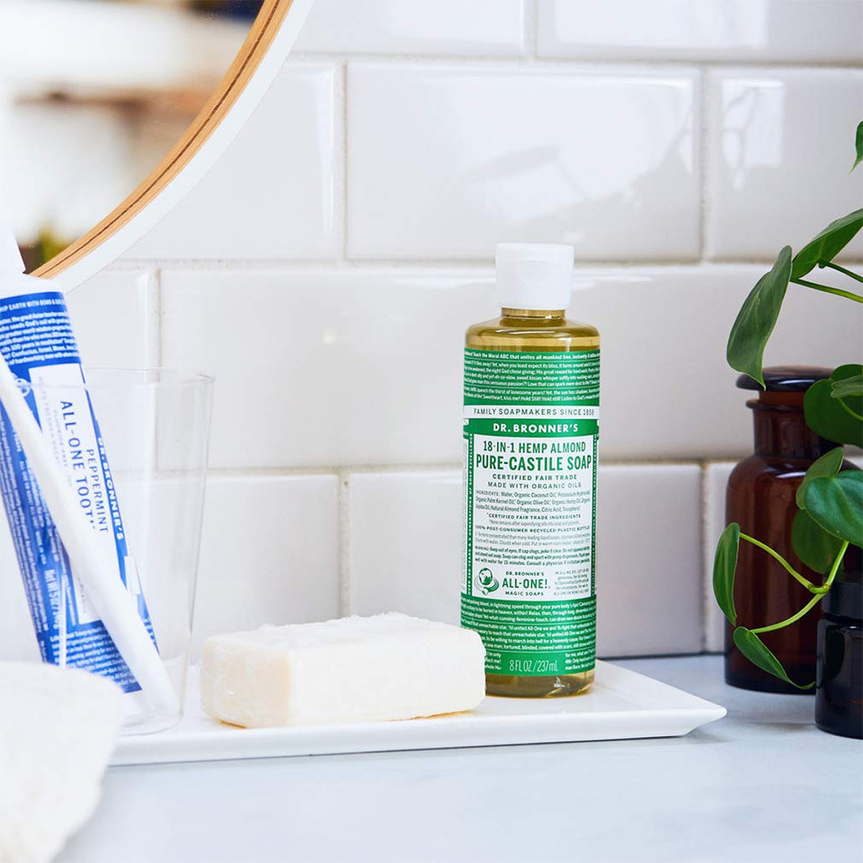 Dr. Bronner'S - Pure-Castile Liquid Soap (Almond, 8 Ounce) - Made With Organic Oils, 18-In-1 Uses: Face, Body, Hair, Laundry, Pets And Dishes, Concentrated, Vegan, Non-Gmo