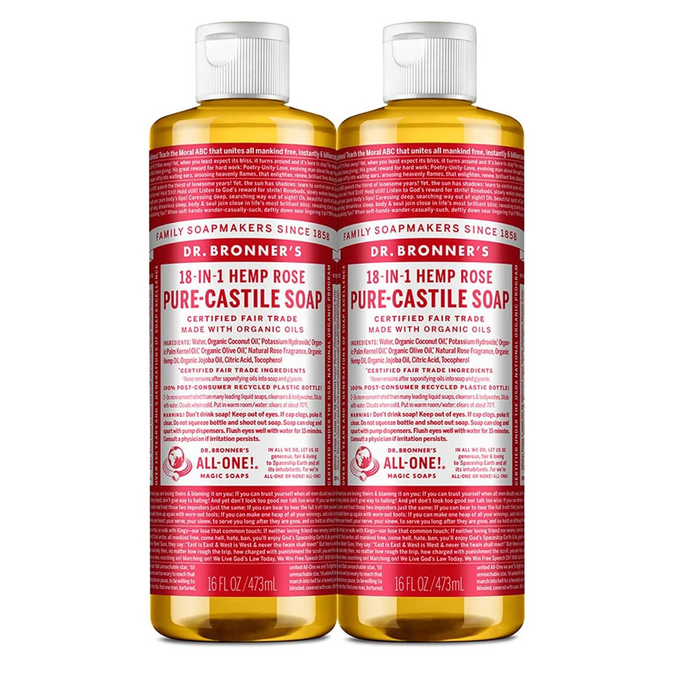 Dr. Bronner'S - Pure-Castile Liquid Soap (Rose, 16 Ounce, 2-Pack) - Made With Organic Oils, 18-In-1 Uses: Face, Body, Hair, Laundry, Pets And Dishes, Concentrated, Vegan, Non-Gmo