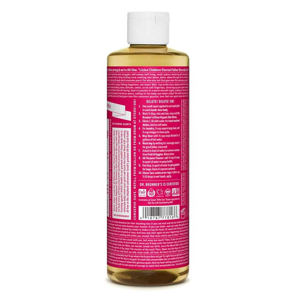 Dr. Bronner'S - Pure-Castile Liquid Soap (Rose, 16 Ounce, 2-Pack) - Made With Organic Oils, 18-In-1 Uses: Face, Body, Hair, Laundry, Pets And Dishes, Concentrated, Vegan, Non-Gmo